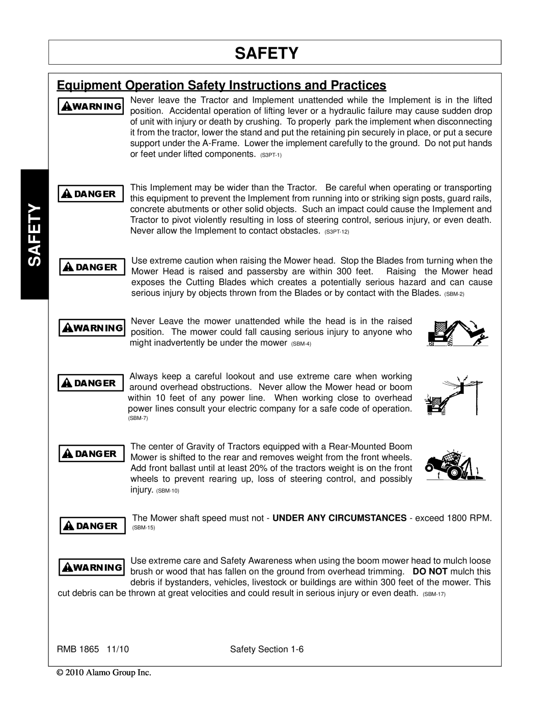 Bush Hog RMB 1865 manual Equipment Operation Safety Instructions and Practices, SBM-7, SBM-15 