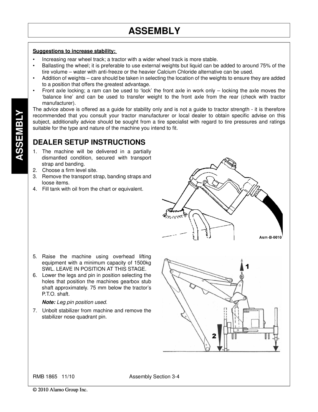 Bush Hog RMB 1865 manual Assembly, Dealer Setup Instructions, Suggestions to increase stability 
