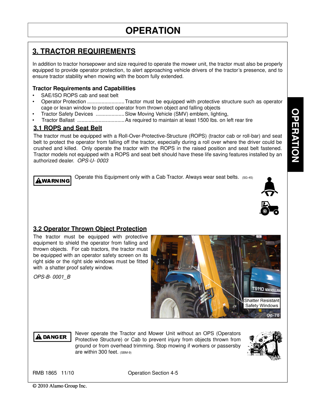 Bush Hog RMB 1865 manual Operation, Tractor Requirements, ROPS and Seat Belt, Operator Thrown Object Protection 