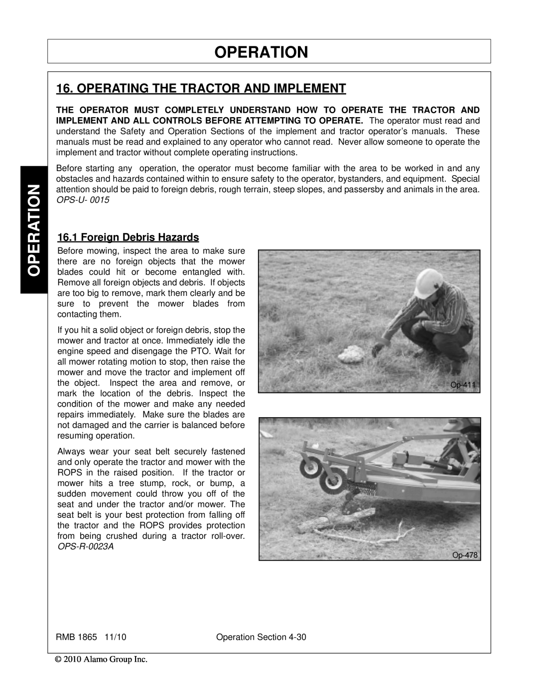 Bush Hog RMB 1865 manual Operation, Operating The Tractor And Implement, Foreign Debris Hazards 