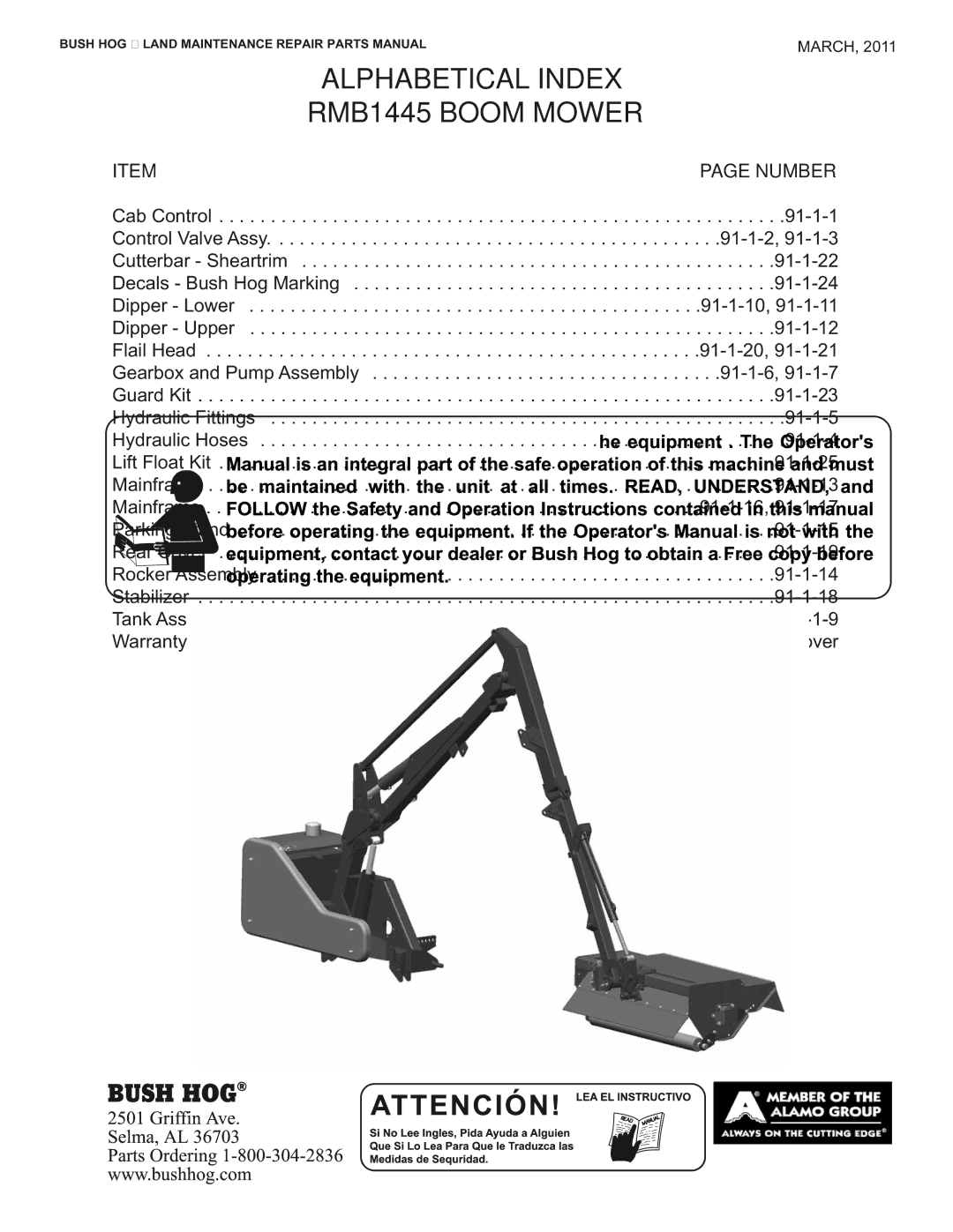 Bush Hog manual Alphabetical Index RMB1445 Boom Mower 