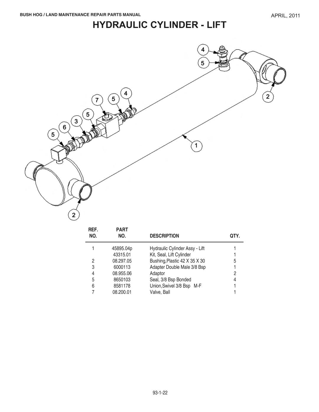 Bush Hog RMB1865E manual Hydraulic Cylinder Lift 