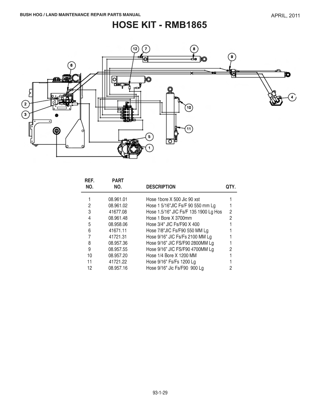 Bush Hog RMB1865E manual Hose KIT RMB1865, Hose 1bore X 500 Jic 90 xst 