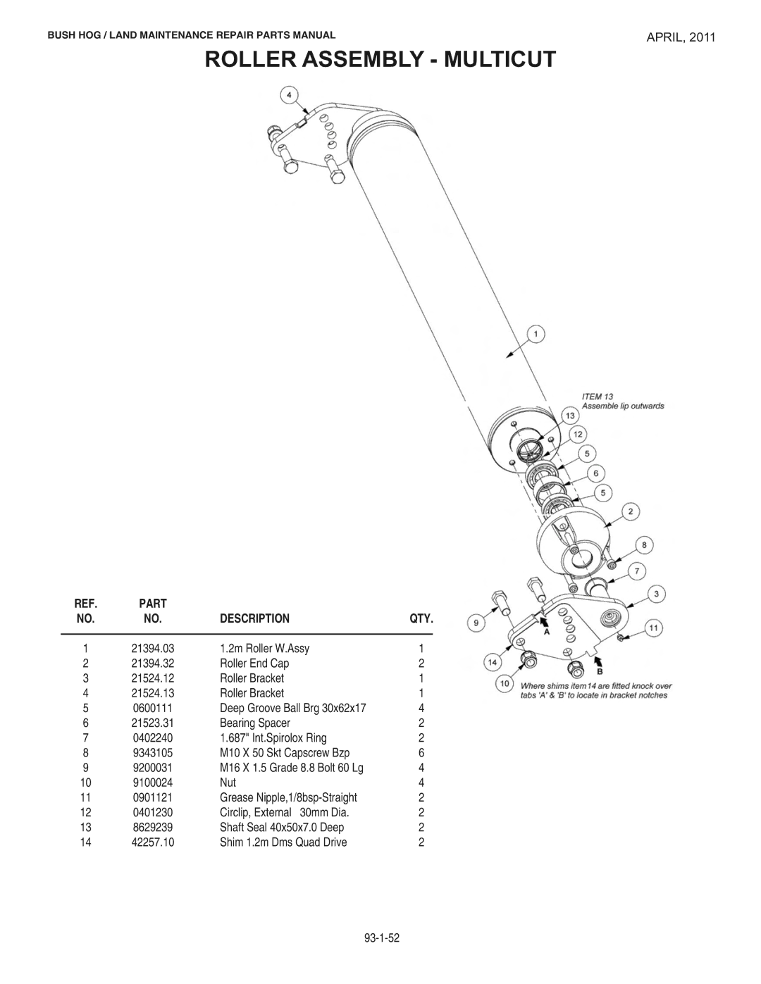 Bush Hog RMB1865E manual Roller Assembly Multicut 