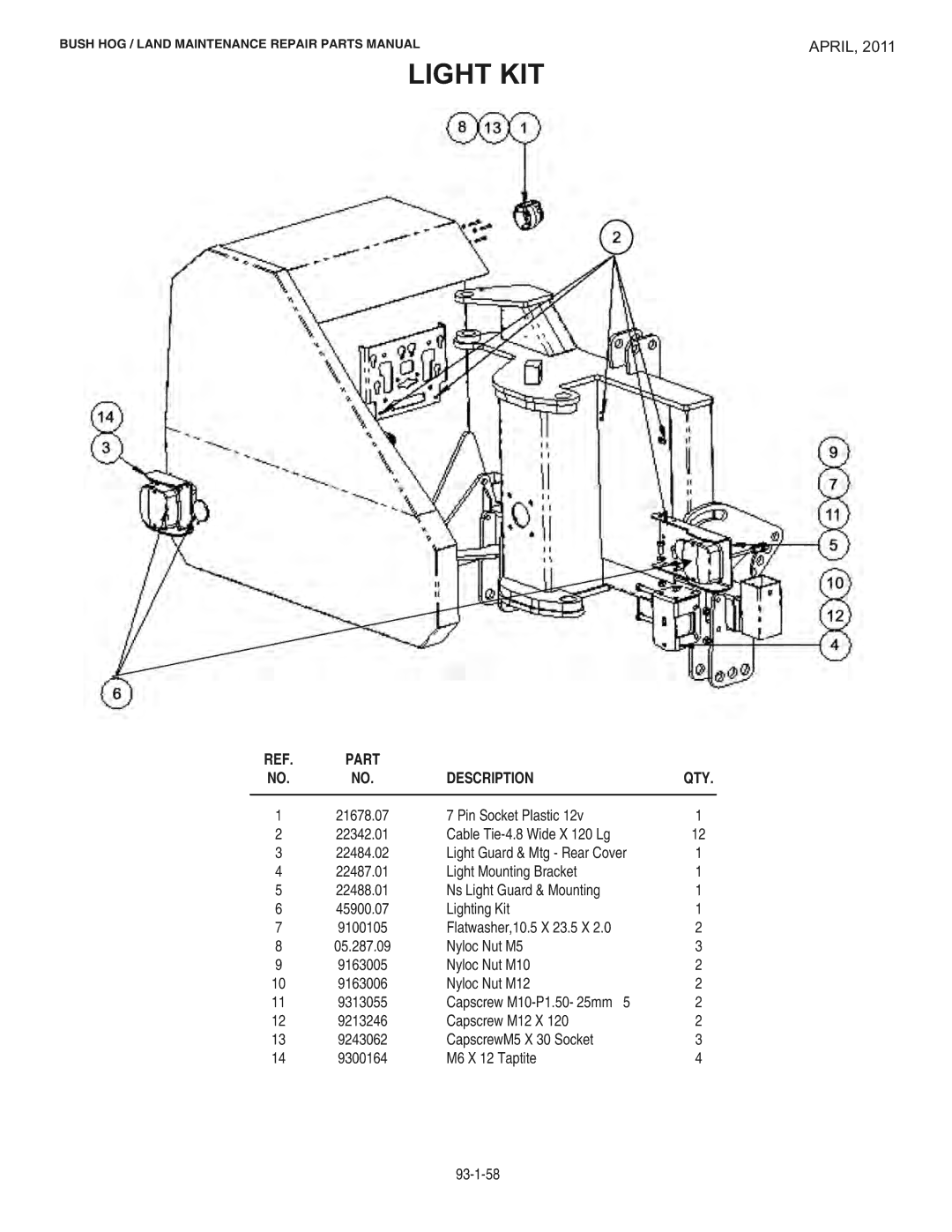 Bush Hog RMB1865E manual Light KIT 