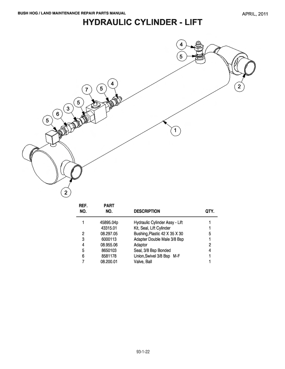 Bush Hog RMB1865E manual Hydraulic Cylinder - Lift, April, Description, Bush Hog / Land Maintenance Repair Parts Manual 