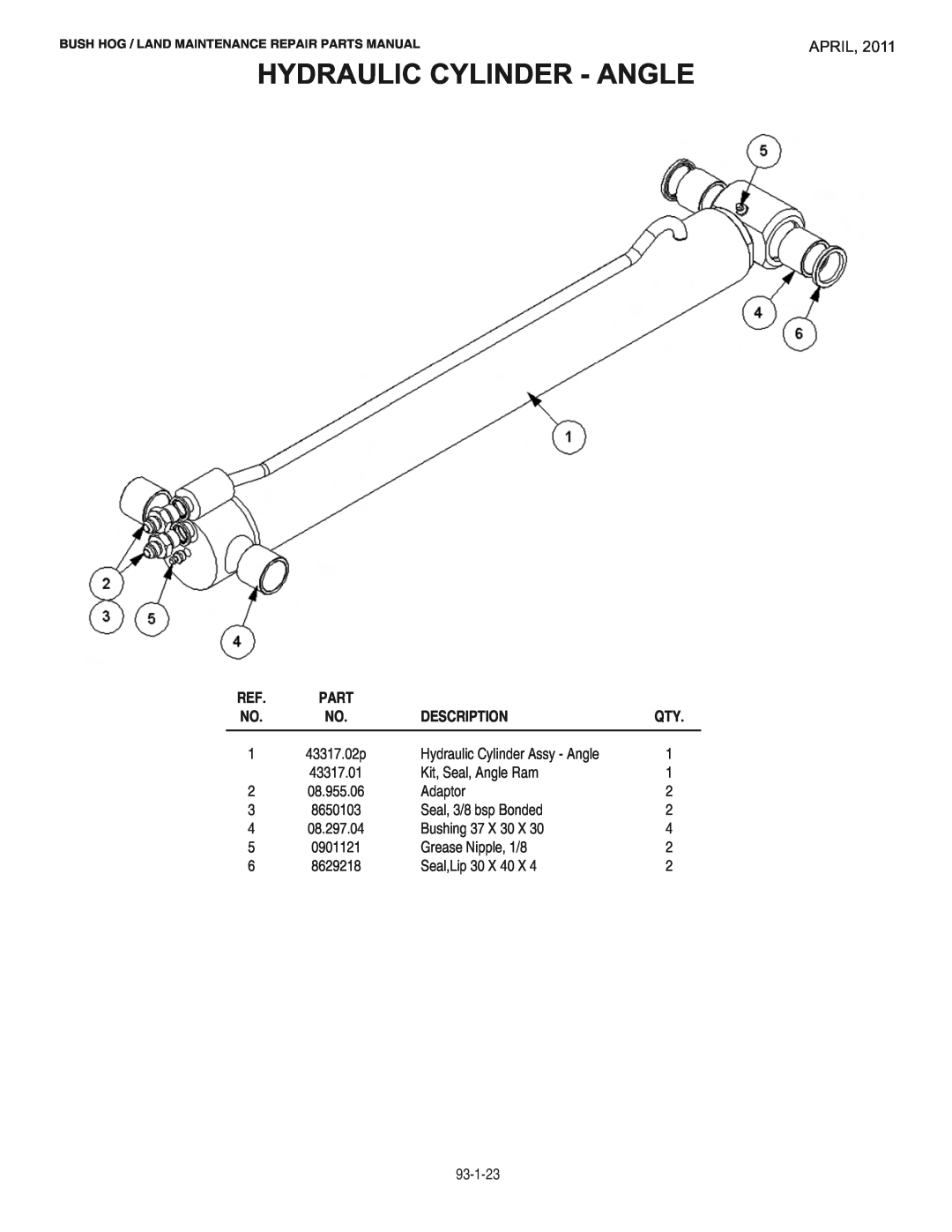 Bush Hog RMB1865E manual Hydraulic Cylinder - Angle, April, Description, Hydraulic Cylinder Assy - Angle, Part 