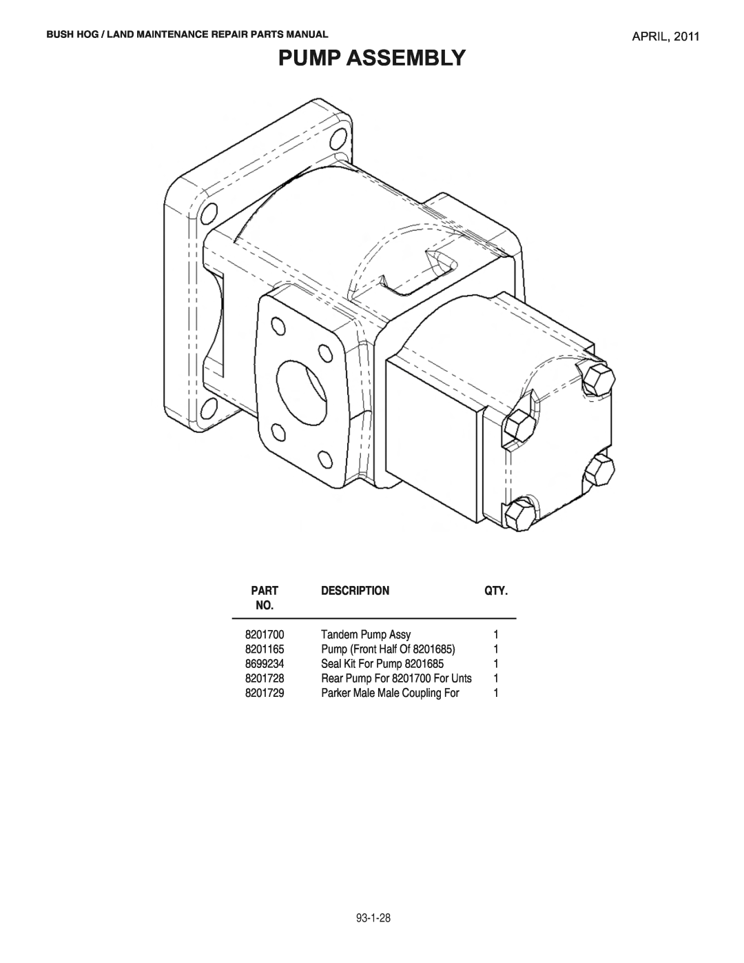 Bush Hog RMB1865E manual Pump Assembly, April, Description, Parker Male Male Coupling For, Part 