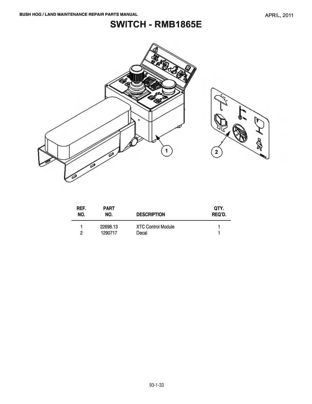 Bush Hog manual SWITCH - RMB1865E, April, Description, 22698.13, XTC Control Module, 1290717, Decal, Req’D, Part 
