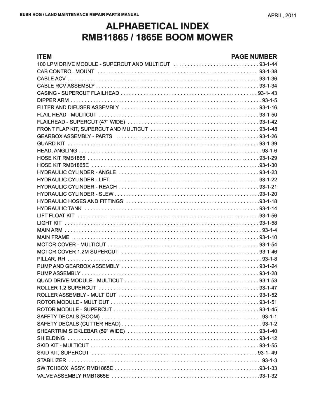 Bush Hog RMB1865E manual ALPHABETICAL INDEX RMB11865 / 1865E BOOM MOWER, Page Number, April 