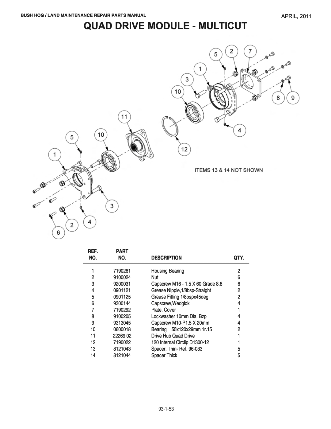 Bush Hog RMB1865E manual Quad Drive Module - Multicut, April, Description, Capscrew M16 - 1.5 X 60 Grade 