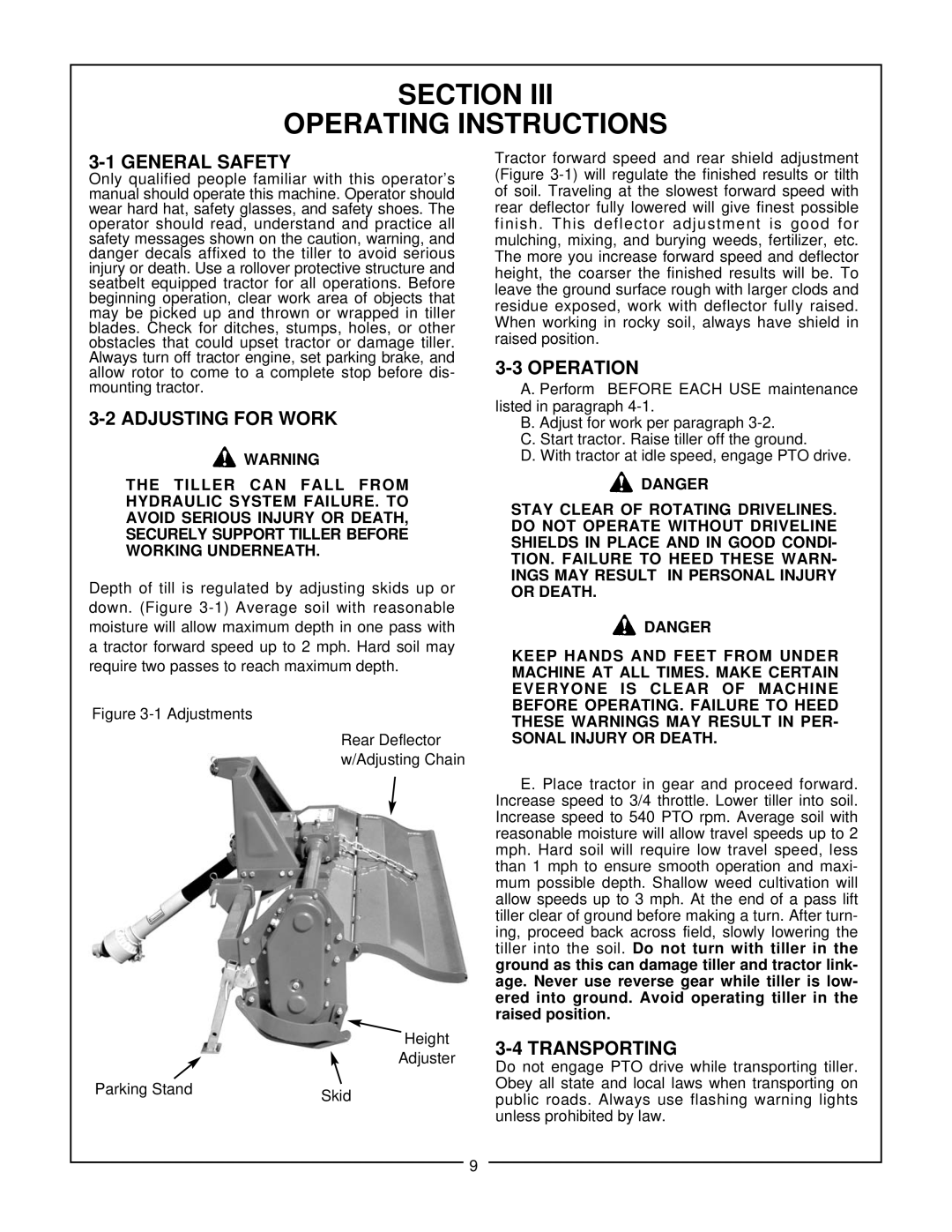 Bush Hog RTC manual Section Operating Instructions, General Safety, Adjusting for Work, Operation, Transporting 