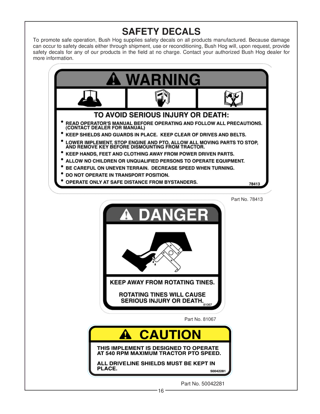 Bush Hog RTC manual Safety Decals 