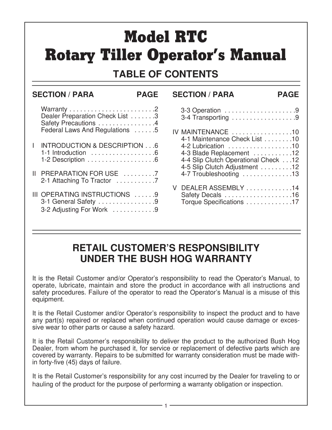 Bush Hog RTC manual Table of Contents, Retail CUSTOMER’S Responsibility Under the Bush HOG Warranty 