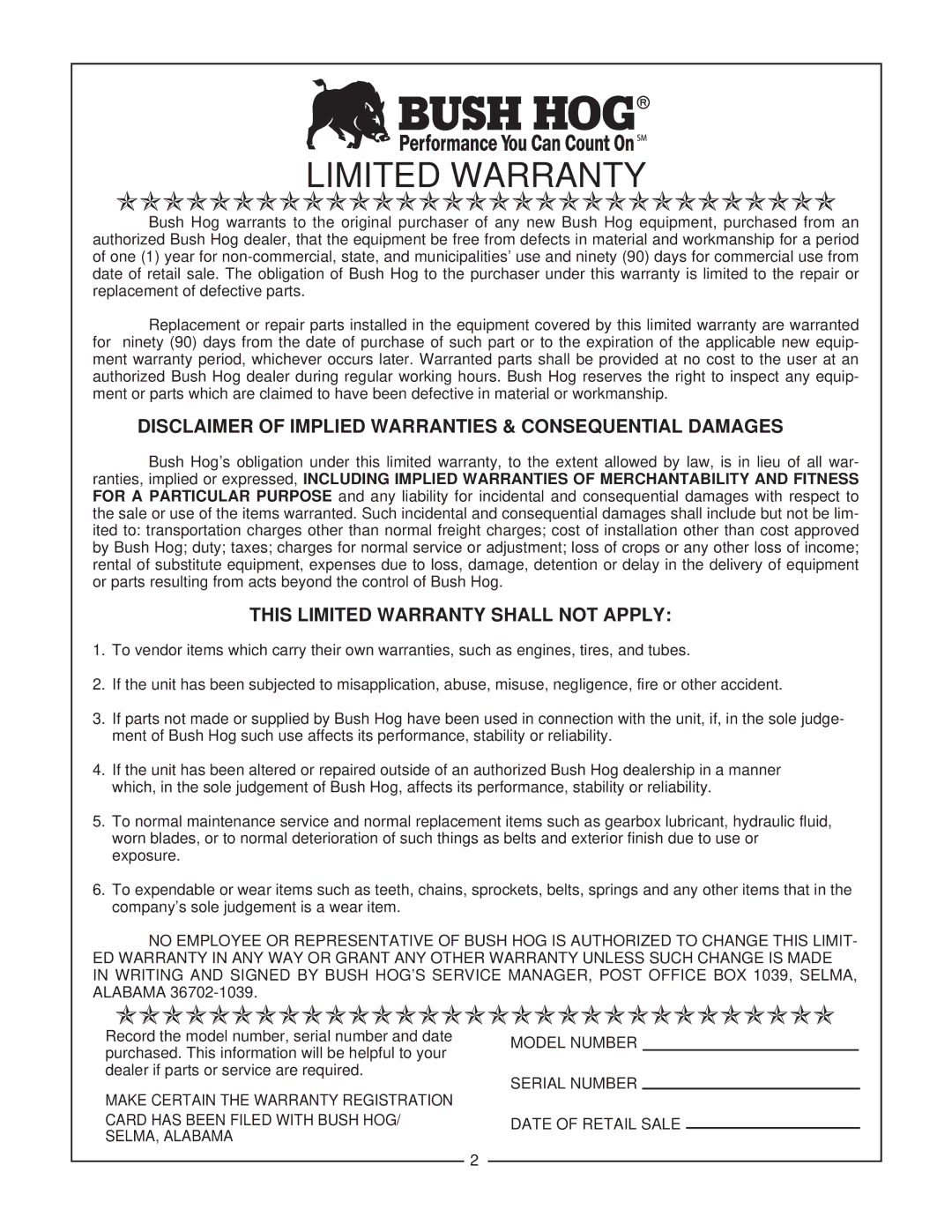 Bush Hog RTC manual Disclaimer of Implied Warranties & Consequential Damages, This Limited Warranty Shall not Apply 