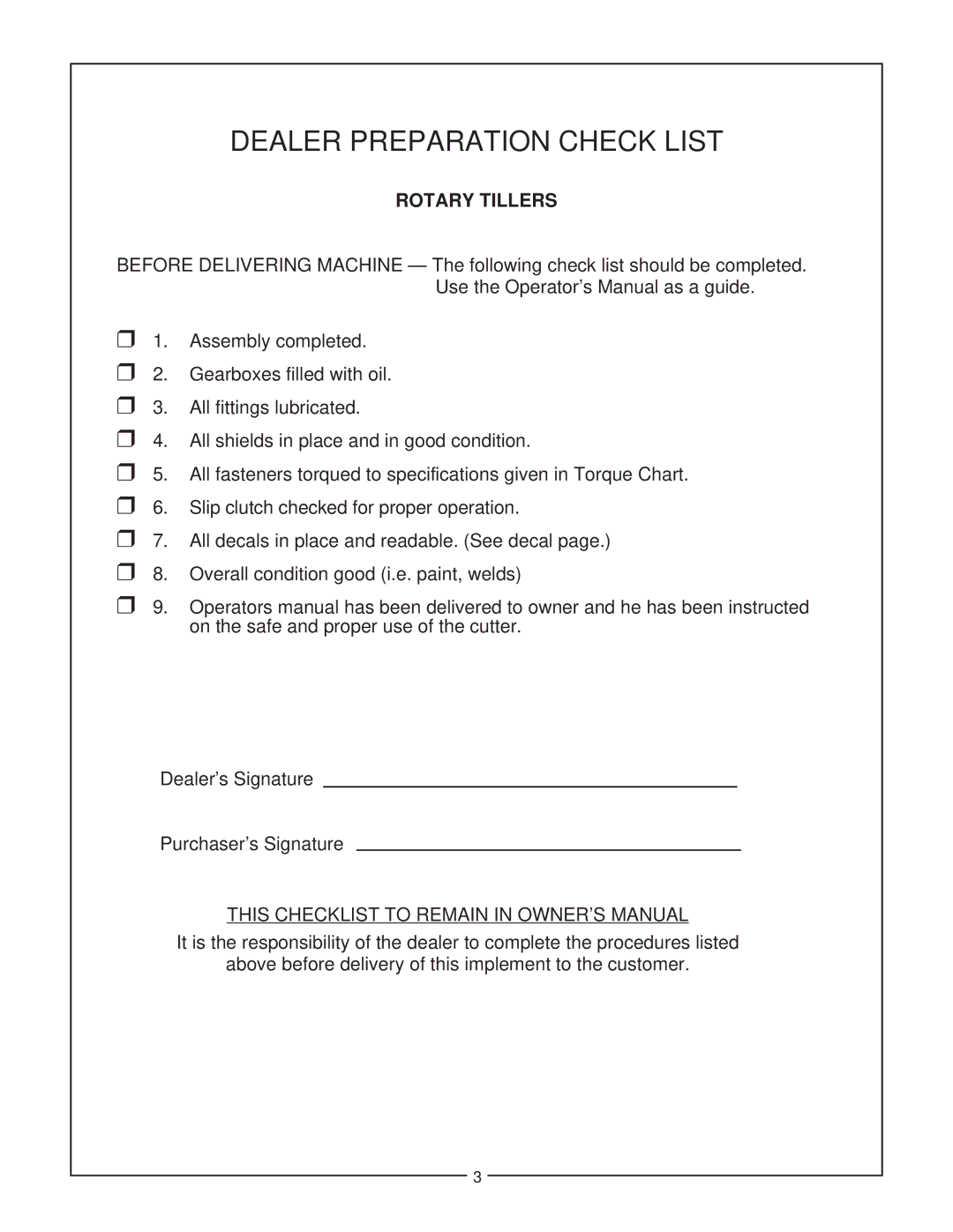 Bush Hog RTC manual Dealer Preparation Check List, Rotary Tillers 