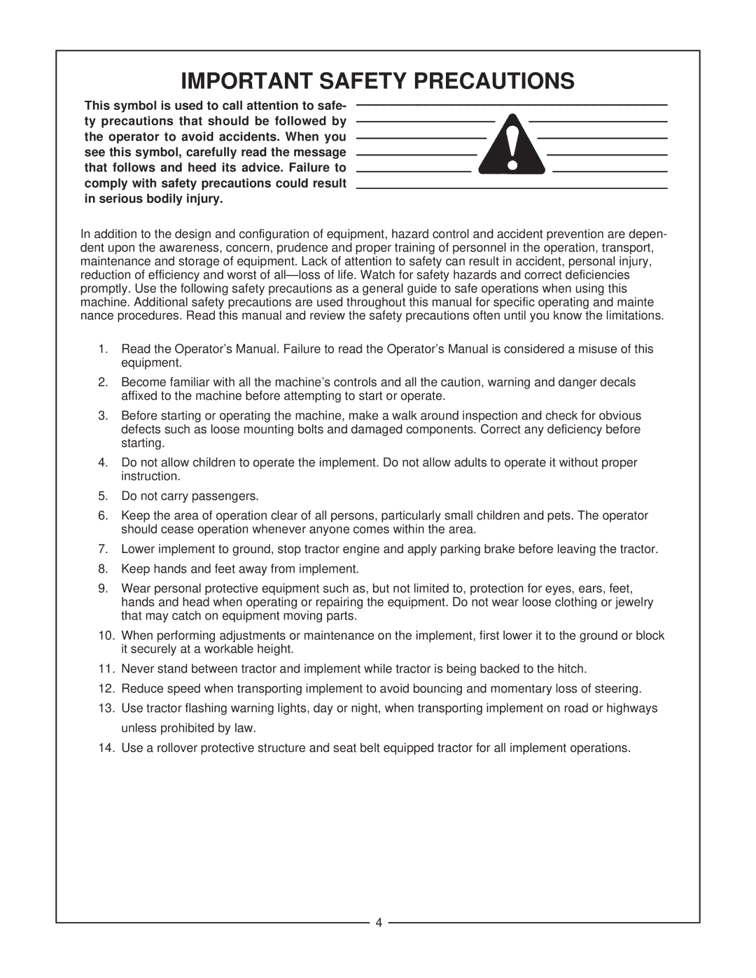 Bush Hog RTC manual Important Safety Precautions 