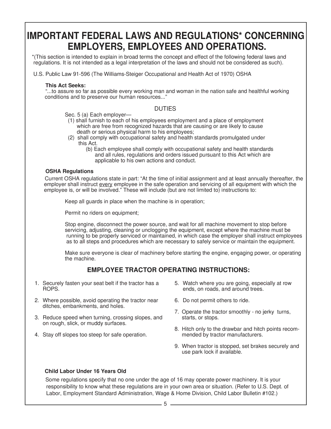 Bush Hog RTC manual EMPLOYERS, Employees and Operations, Employee Tractor Operating Instructions 