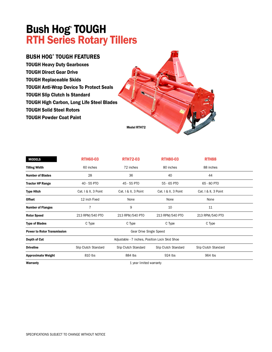 Bush Hog RTH88, RTH72-03, RTH80-03, RTH60-03 specifications RTH Series Rotary Tillers, Bush Hog Tough Features 