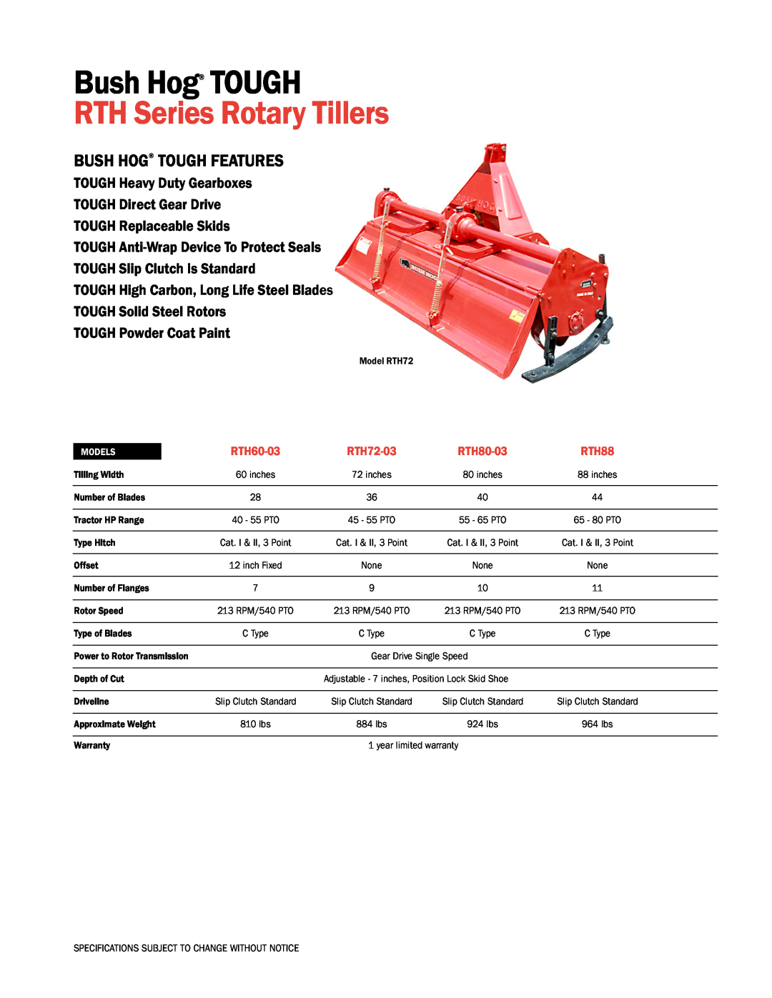 Bush Hog RTH88 specifications RTH Series Rotary Tillers, Bush Hog TOUGH Features, TOUGH Heavy Duty Gearboxes, RTH60-03 