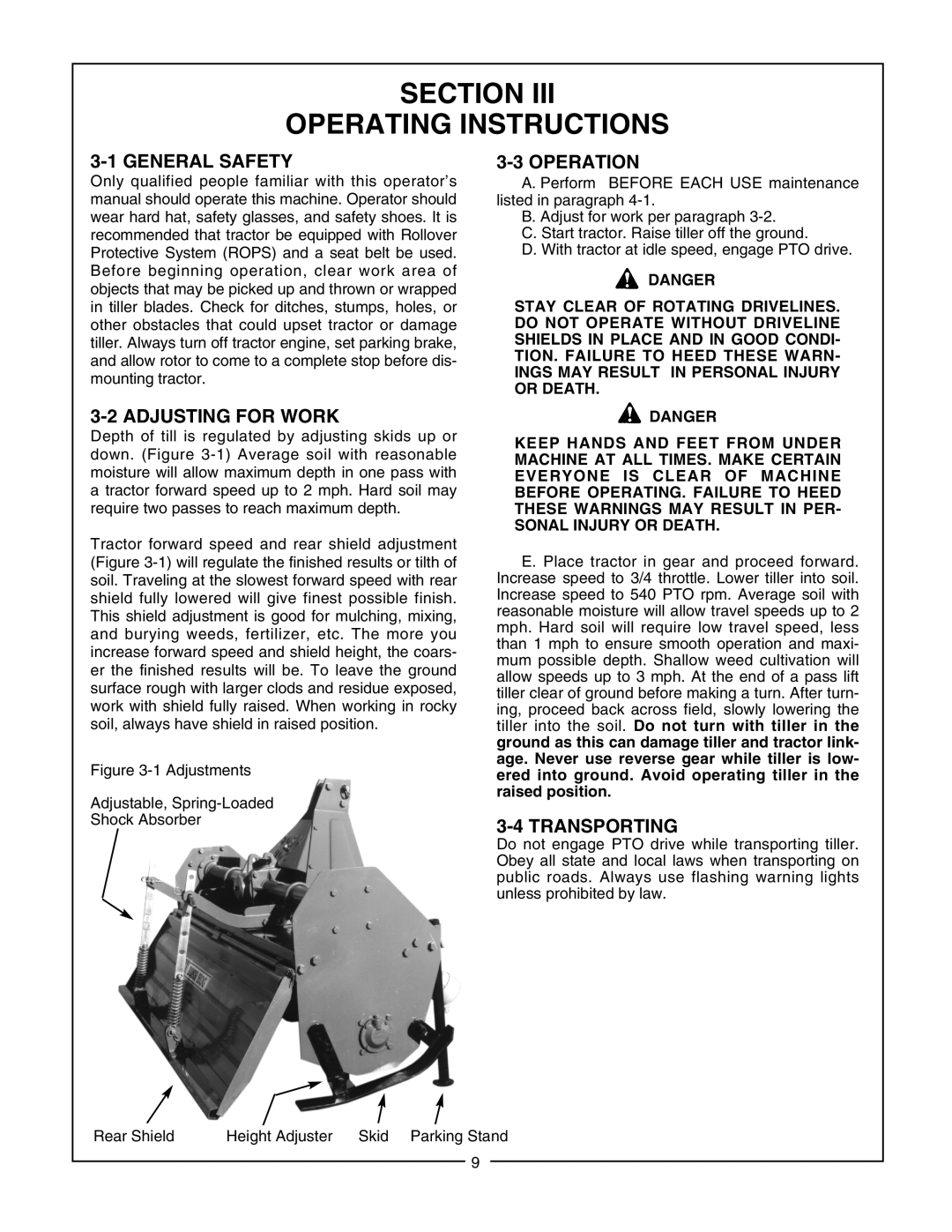 Bush Hog RTNR, RTH manual Section Operating Instructions, General Safety, Adjusting for Work, Operation, Transporting 