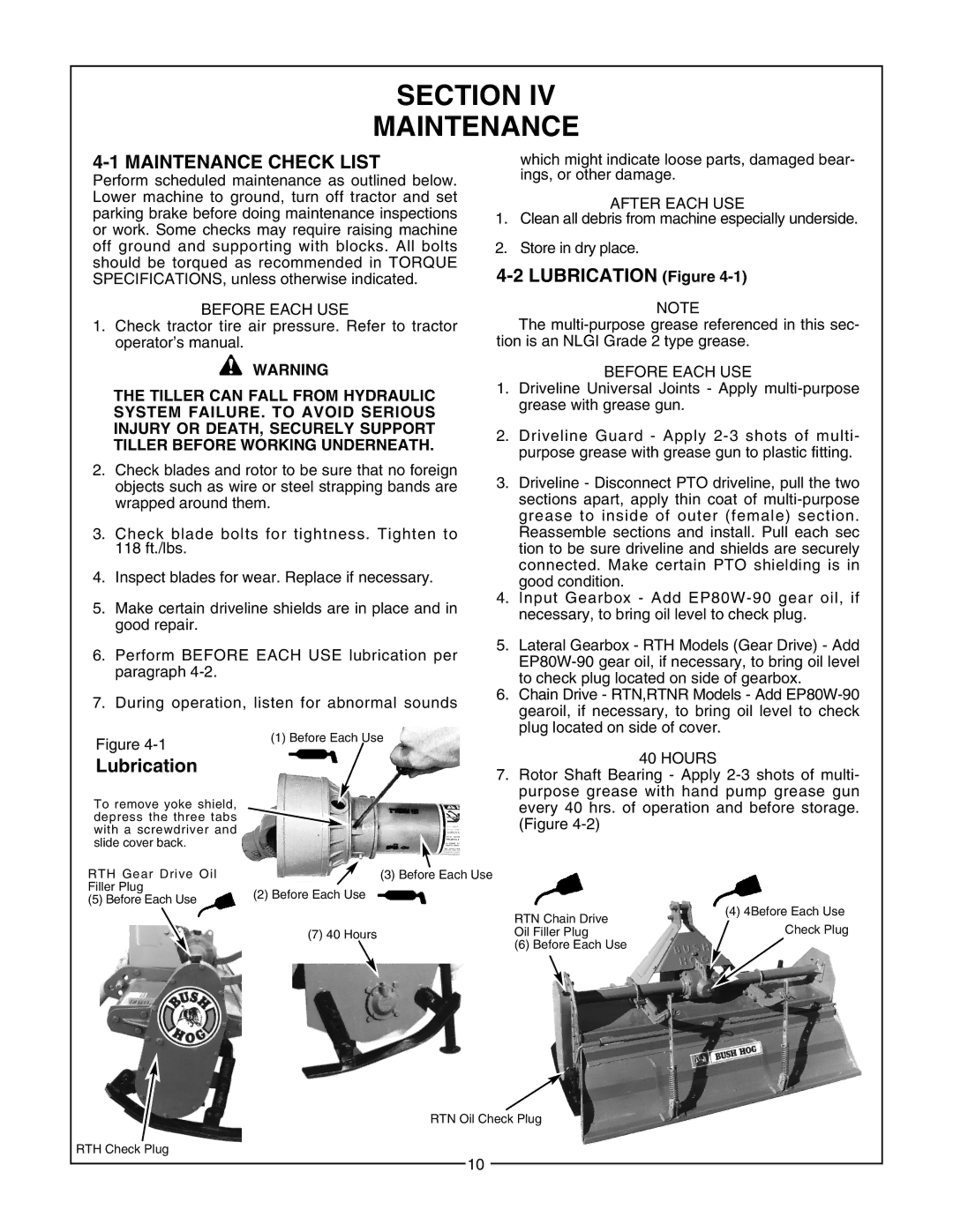 Bush Hog RTH, RTNR manual Section Maintenance, Maintenance Check List 