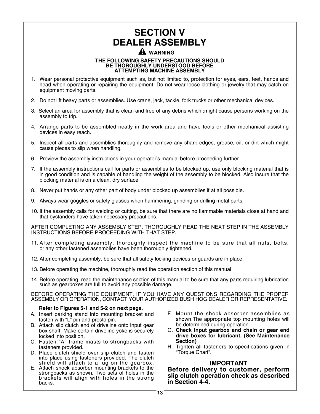 Bush Hog RTH, RTNR manual Section Dealer Assembly, Refer to Figures 5-1 and 5-2 on next 