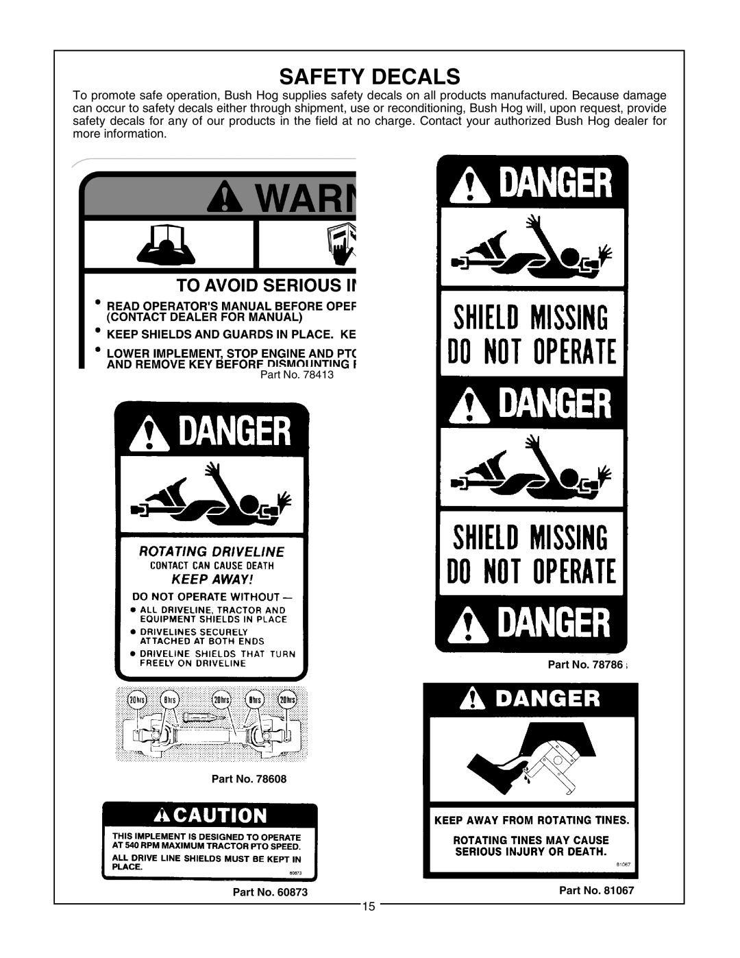 Bush Hog RTNR, RTH manual Safety Decals 