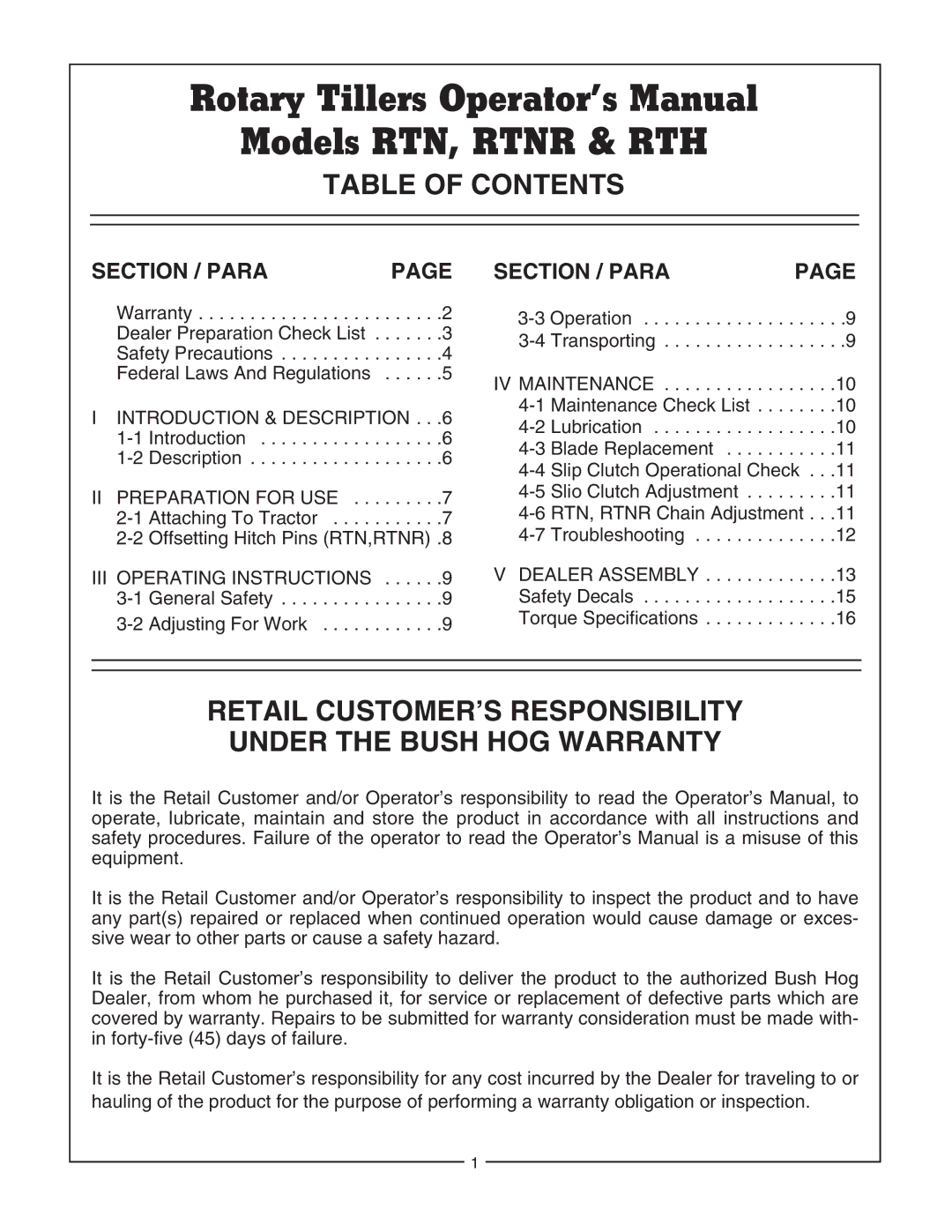 Bush Hog RTH, RTNR manual Table of Contents, Retail CUSTOMER’S Responsibility Under the Bush HOG Warranty 