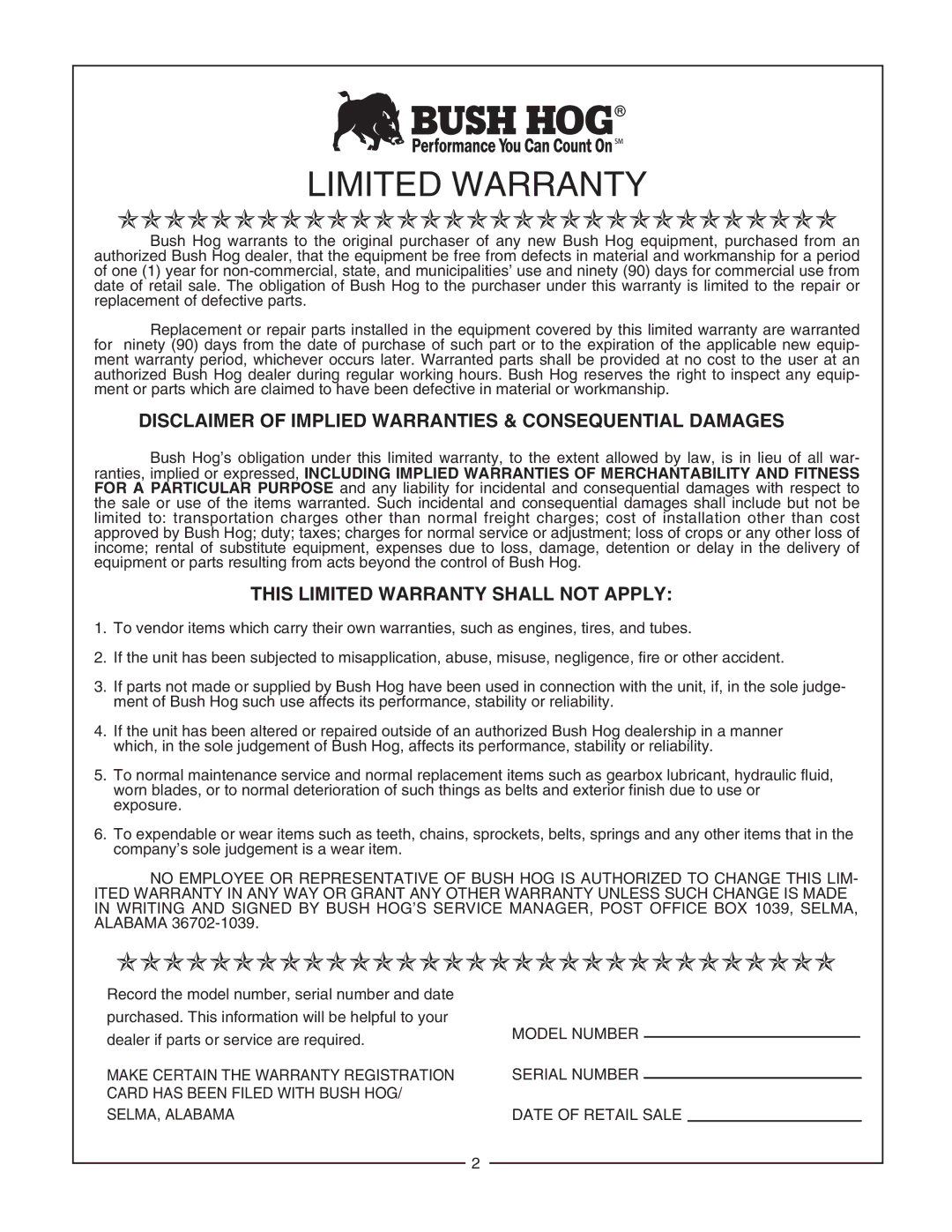 Bush Hog RTH, RTNR manual Disclaimer of Implied Warranties & Consequential Damages, This Limited Warranty Shall not Apply 