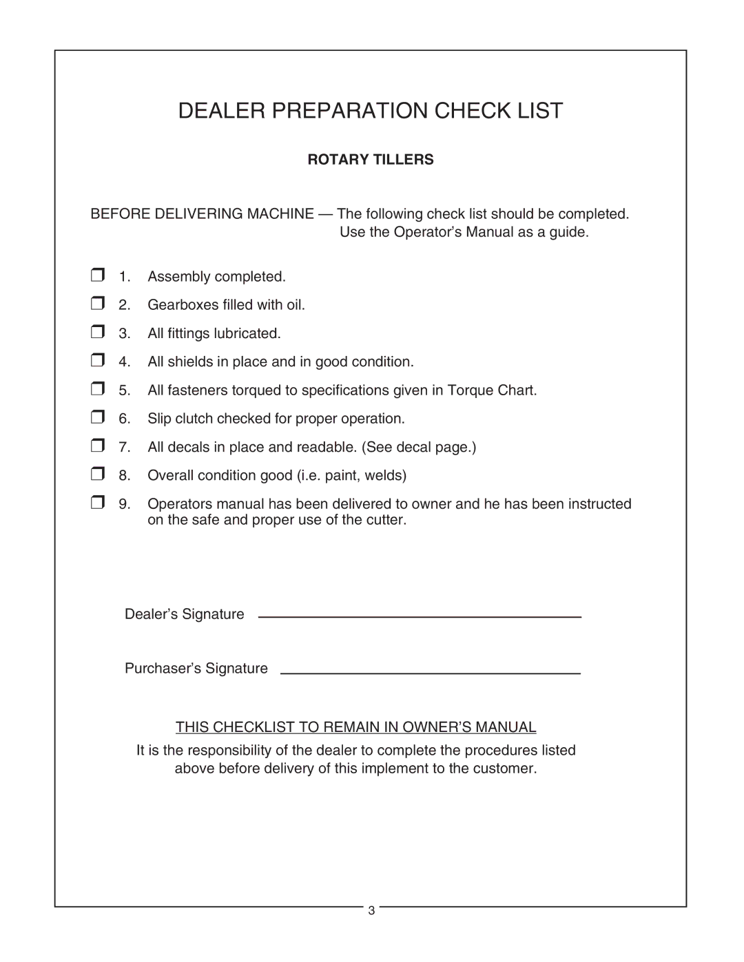 Bush Hog RTNR, RTH manual Dealer Preparation Check List, Rotary Tillers 