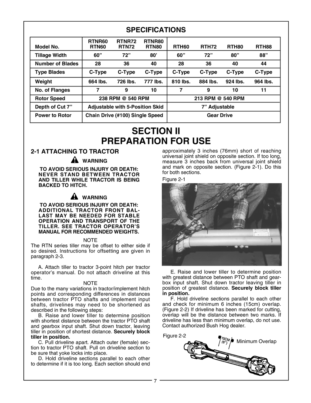 Bush Hog RTH, RTNR manual Section Preparation for USE, Attaching to Tractor, Model No 