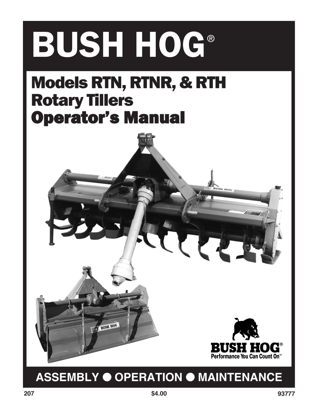 Bush Hog manual $4.00, 93777, Bush Hog, ModelsRTN, RTNR, & RTH Rotary Tillers, Operator’s Manual 