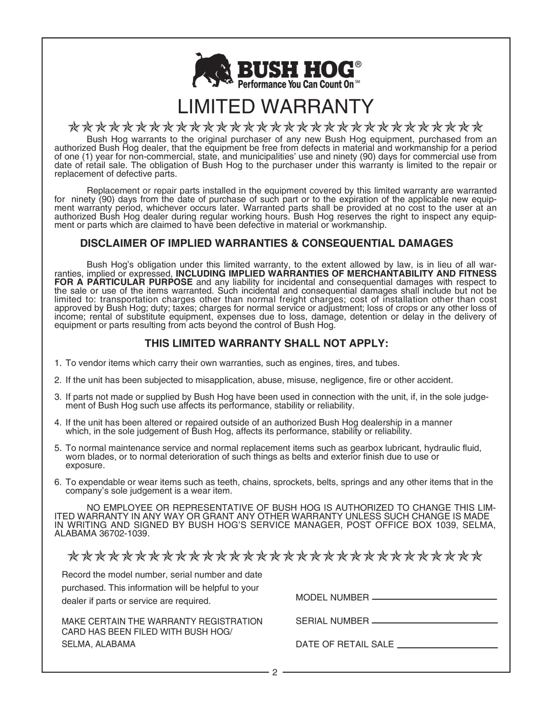 Bush Hog RTH, RTNR manual This Limited Warranty Shall Not Apply, Ooooooooooooooooooooooooooooooo 