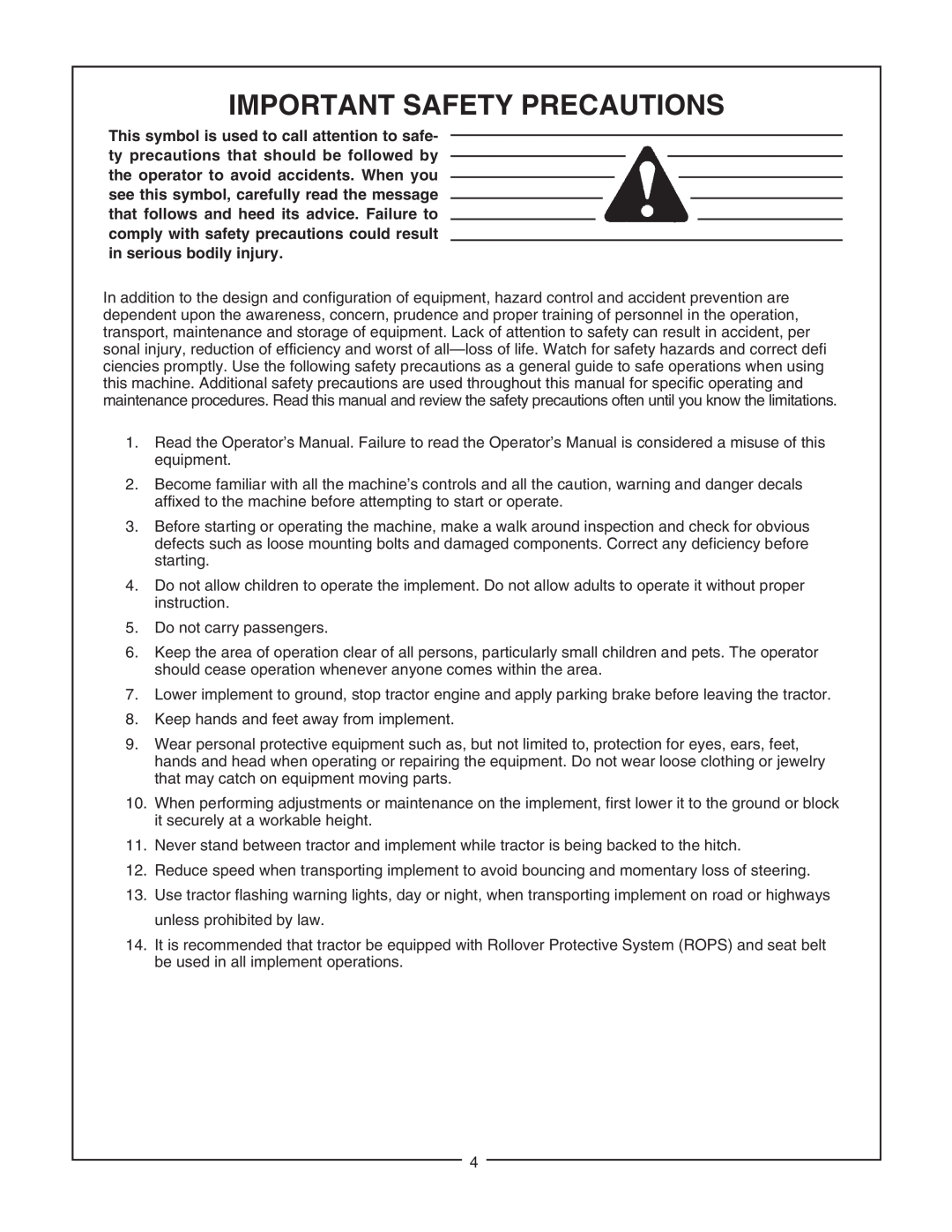 Bush Hog RTH, RTNR manual Important Safety Precautions 