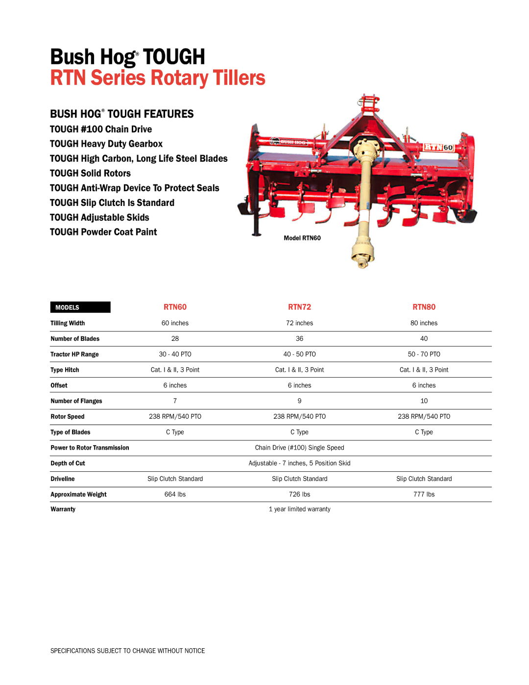 Bush Hog specifications RTN Series Rotary Tillers, Bush Hog Tough Features, RTN60 RTN72 RTN80 