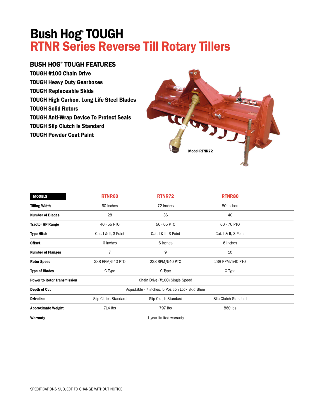 Bush Hog specifications Rtnr Series Reverse Till Rotary Tillers, Bush Hog Tough Features, RTNR60 RTNR72 RTNR80 