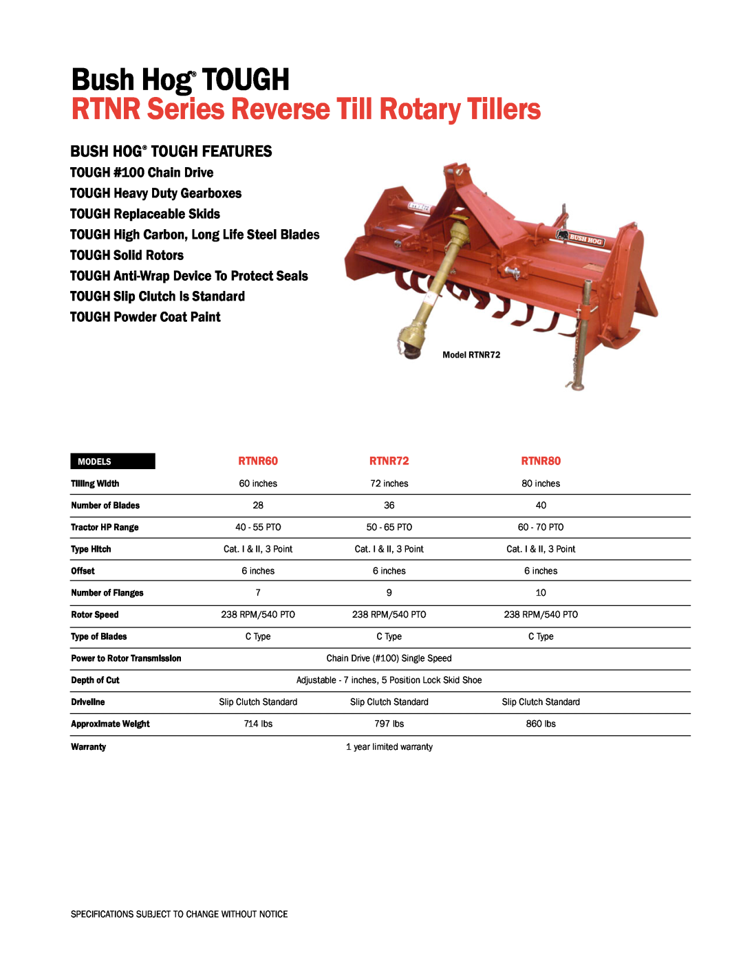 Bush Hog RTNR80 specifications RTNR Series Reverse Till Rotary Tillers, Bush Hog TOUGH Features, TOUGH Solid Rotors 