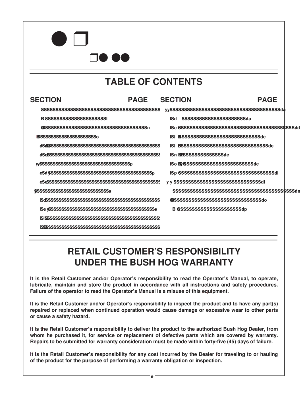 Bush Hog RTS manual Table of Contents, Retail CUSTOMER’S Responsibility Under the Bush HOG Warranty 