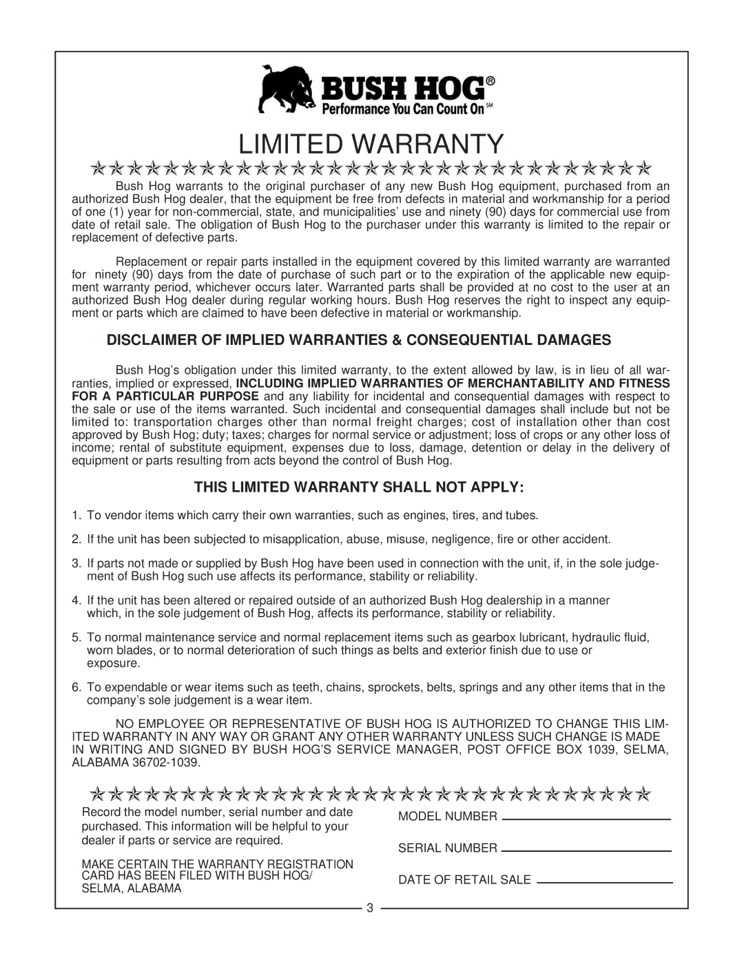 Bush Hog RTS manual Disclaimer of Implied Warranties & Consequential Damages, This Limited Warranty Shall not Apply 