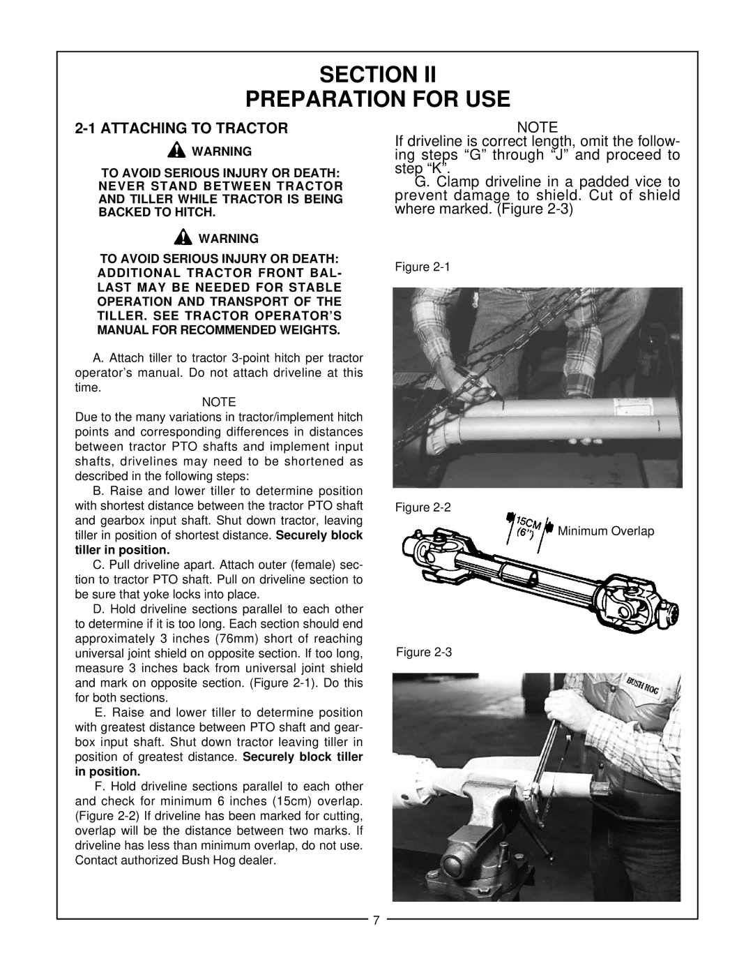 Bush Hog RTS manual Section Preparation for USE, Attaching to Tractor 