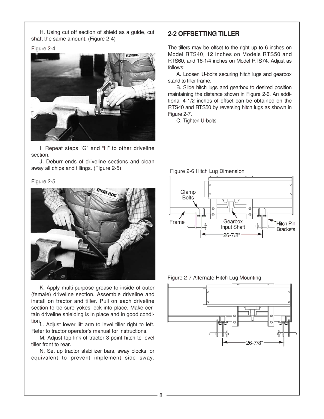 Bush Hog RTS manual Offsetting Tiller, Hitch Lug Dimension Clamp Bolts Frame Gearbox 