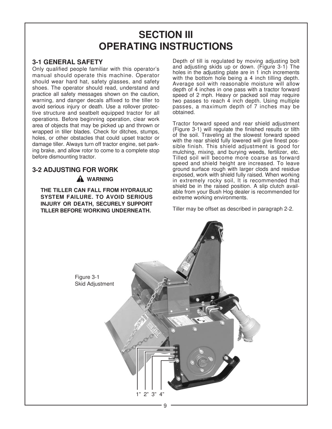 Bush Hog RTS manual Section Operating Instructions, 3-1GENERAL SAFETY, 3-2ADJUSTING FOR WORK 