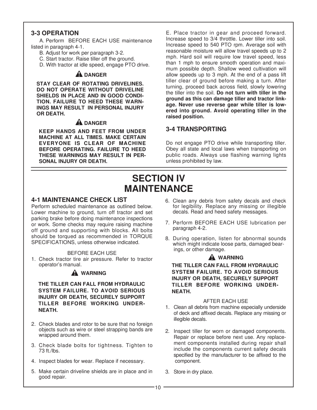 Bush Hog RTS manual Section Maintenance, 3-3OPERATION, 3-4TRANSPORTING, 4-1MAINTENANCE CHECK LIST, Danger 
