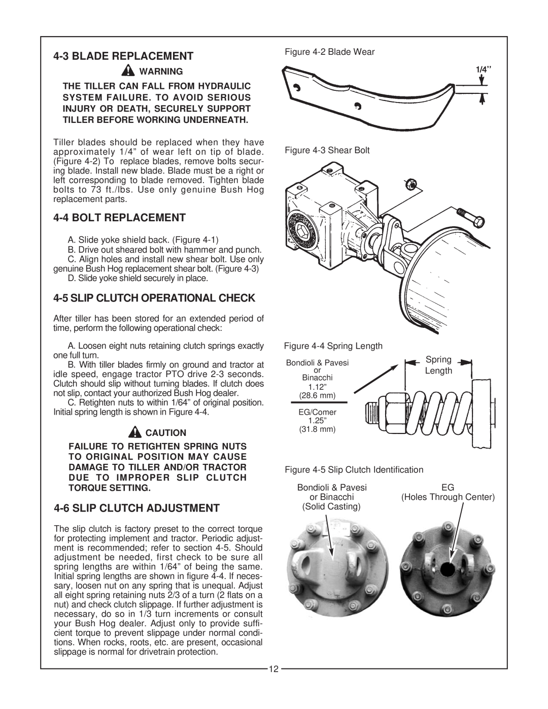 Bush Hog RTS manual 4-3BLADE REPLACEMENT, 4-4BOLT REPLACEMENT, 4-5SLIP CLUTCH OPERATIONAL CHECK, 4-6SLIP CLUTCH ADJUSTMENT 