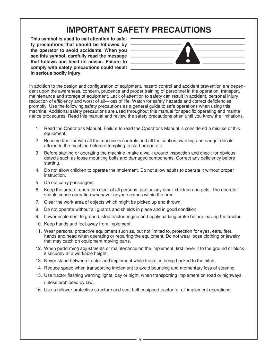 Bush Hog RTS manual Important Safety Precautions 