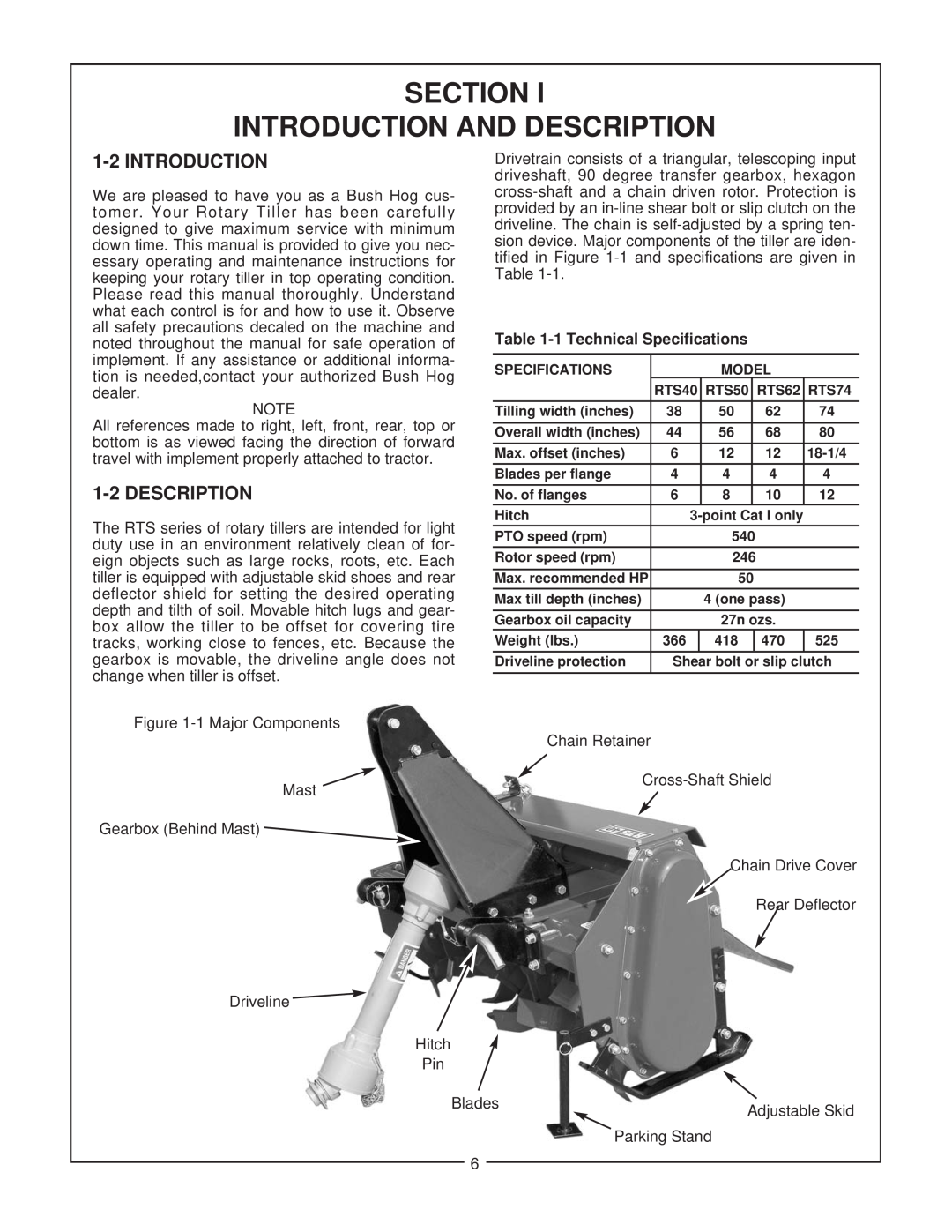 Bush Hog RTS manual Section Introduction And Description, 1-2INTRODUCTION, 1-2DESCRIPTION, 1Technical Specifications 