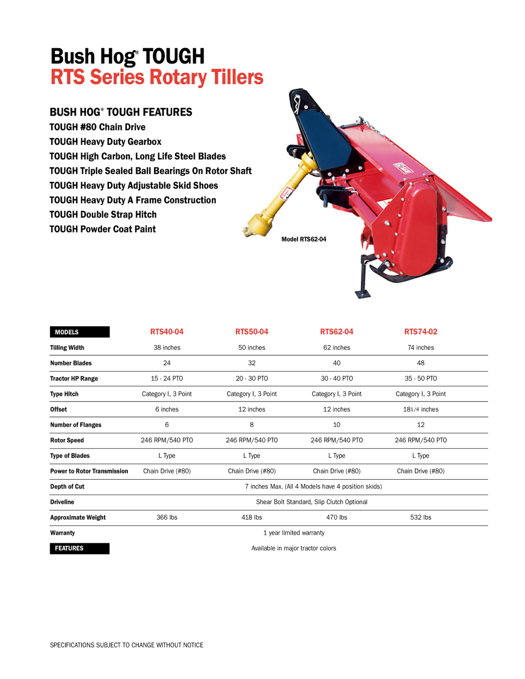 Bush Hog specifications RTS Series Rotary Tillers, Bush Hog Tough Features, RTS40-04 RTS50-04 RTS62-04 RTS74-02 