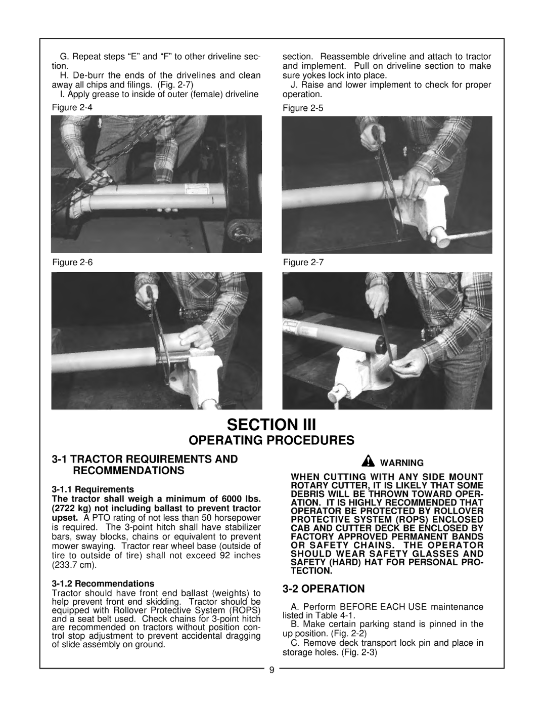 Bush Hog SM 60 manual Tractor Requirements and Recommendations, Operation 