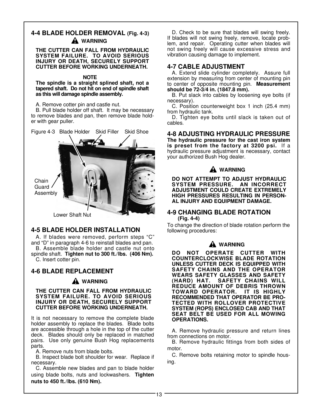 Bush Hog SM 60 manual Blade Holder Installation, Blade Replacement, Cable Adjustment, Adjusting Hydraulic Pressure 